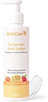 WishCare Sunscreen Body Lotion For All Skin Type with SPF 50 PA+++ | Broad Spectrum UVA & UVB Protection, No White Cast, Enriched with Carrot Seed & Raspberry | Body Sunscreen Lotion | 200ml