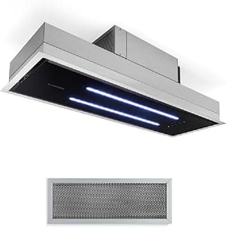 High Line Ceiling Hood - Built-In, 77 cm, 410 m3 / h, Circulating/Exhaust Air, 3 Steps, LED, Remote Control, Activated Carbon Filter, Substructure Hood, Stainless Steel/Black Glass