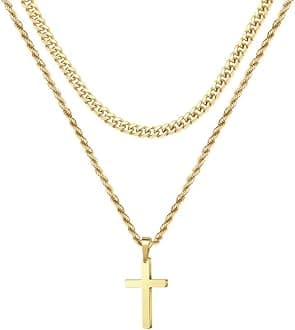 Layered Cross Necklace for Men - 18K Gold Silver Black Cross Necklaces Chain for Men, Layered Rope Chain Cross Necklace for Men 16 18 20 22 24 Inch