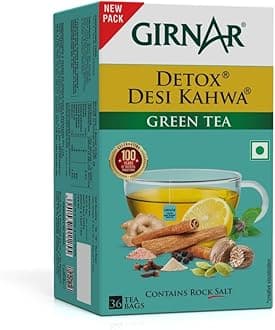 Girnar Detox Green Tea (Desi Kahwa) 36 Tea Bags | Herbal Green Tea with Indian Spices | Supports Digestion & Immunity | Refreshing & Aromatic