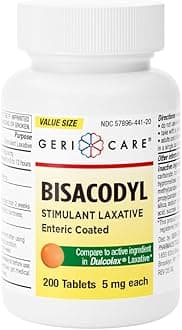 GeriCare Bisacodyl 5mg Stimulant Laxative Enteric Coated Tablets, Fast-Acting Constipation Relief, Promotes Regular Bowel Movements, 200 Count (Pack of 1)