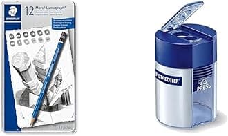 Mars Lumograph Art Drawing Pencils (Graphite, 12 Pack in Metal Case) with Double Hole Pencil Sharpener