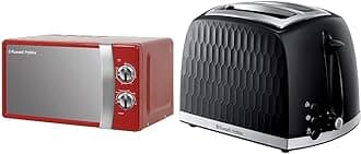 Russell Hobbs RHMM701R 17 Litre 700 W Red Solo Manual Microwave with 5 Power Levels, Ringer & Timer & 26051 Cordless Electric Kettle - Contemporary Honeycomb Design