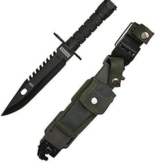 Darkrock Tactical Hunting Knife with Serrated Edge, Black Blade, Military-Style Sheath W/Table Stand