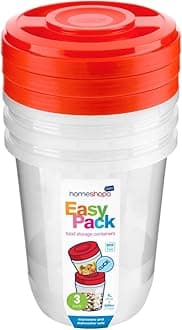 HOMESHOPA Round Plastic Food Storage Containers, Red 3 Pack 1 Litre Screw & Seal Lids BPA-Free Stackable Leak-Proof Airtight Canisters, Microwave and Dishwasher Safe