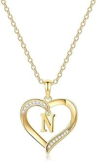 Heart Initial Necklace for Women, 14K Gold Plated Cubic Zirconia Heart Pendant Necklace, Dainty Initial Charm Necklace Letter A to Z Initial Jewelry for Women Girls