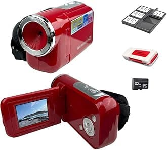 Acuvar 16MP Megapixel Compact Digital Camcorder with HD Video and Photos 16x Zoom with 2.4" Screen, 32GB Card, Memory Card Case, Card Reader and USB Cable (Red, Kit)