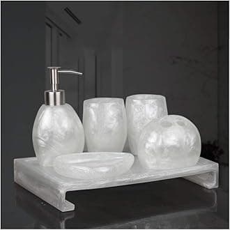 Modern Style Bathroom Accessories Set Resin Bath Ensemble Includes Toothbrush Holder, 2 Tumblers, Liquid Soap Dispenser, Soap Dish, Snowy Pearl White,with Reverse Tray