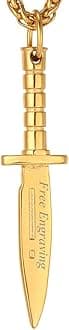 Punk Necklaces Stainless Steel 18K Gold Plated Large Hip Hop Dagger/Knife/Sword/Steampunk Gear/Large Razor Blade Pendant Necklace for Men Women, Chain 22-24 Inches
