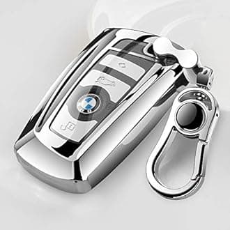 Tpu Silicone Full Protective Car Key Fob Cover for BMW，3 Buttons Remote Control Smart Key Case with Leather Keychain, Compatible with BMW 1/3/4/5/6/7 Series and X3/X4/M5/M6/GT3/GT5,etc.-Silver