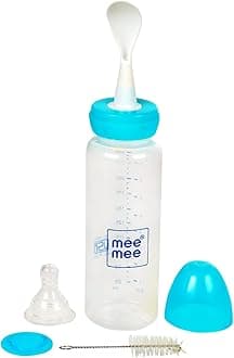 Mee Mee Baby Feeding Bottle with Spoon|BPA Free|Easy to Squeeze Bottle|Storage Friendly|Multifunctional Anti-Colic Feeding Bottle with Spoon|0 Months to 3 Years Baby/Kids 250ml Capacity(Blue)