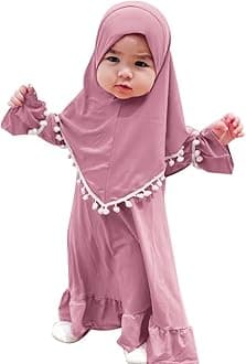 Newborn Infant Baby Girls Prayer Dress Muslim Clothes for Toddler Kids Long Sleeve Abaya with Hijab Two Piece Set