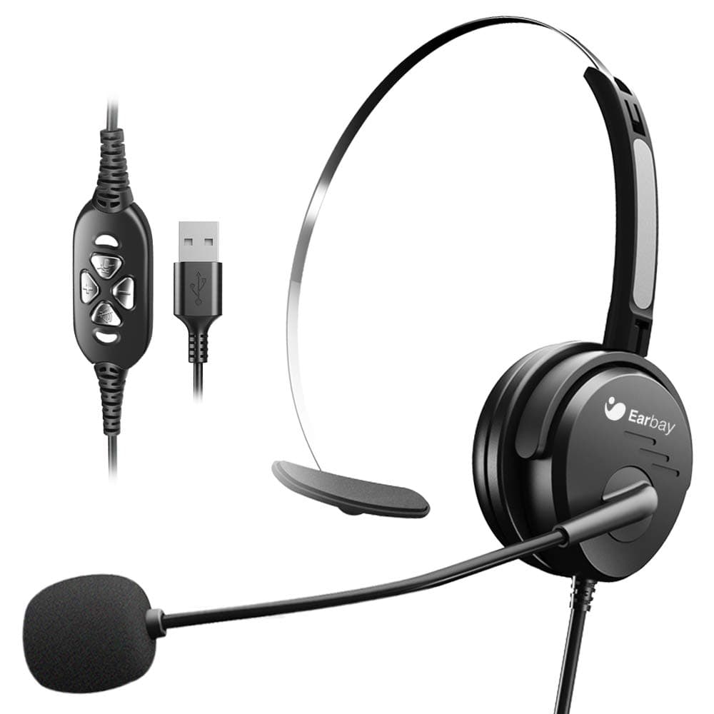 USB Headset with Noise Cancelling Mic,Monaural Computer Headset Volume Control with Mute,300°Unidirectional Mic,Pro-Sound Chip for Skype Callcenter Zoom,Ideal for Classroom,Office,Online Chat Courses