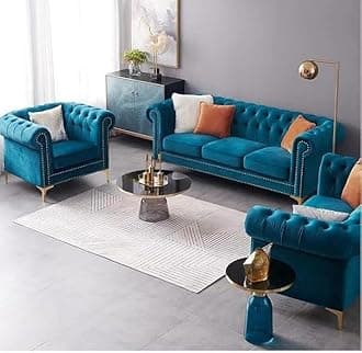 Modern & Classic 6 Seater Fabric & Valvet Tufted 3+2+1=6 Chesterfield Sofa for Living Room, Dining Room, Hallway and Office. (Teal Green-2)