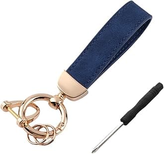 Kewucn Genuine Leather Car Keychain, Universal Heavy Duty Metal Auto Key Fob Holder with Anti Lost D-Ring for Men Women （Golden-Navy Blue）