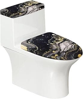 Marble Design Black Toilet Lid & Tank Covers Set of 2 Toilet Seat Cover Protector for Bathroom Elongated Lids Elastic Edge