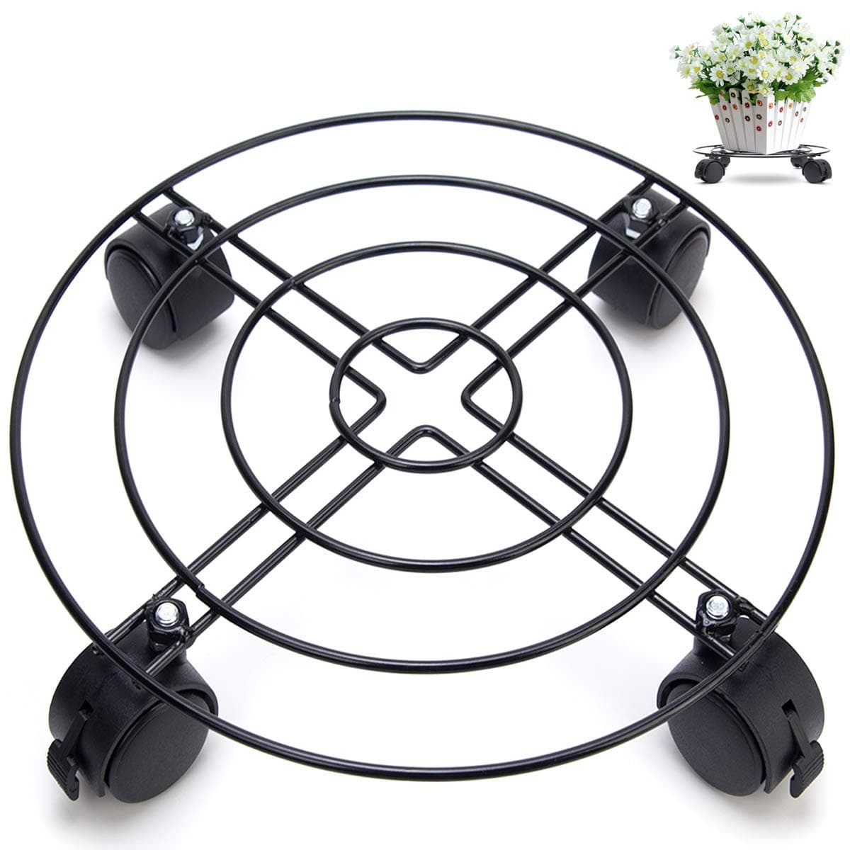 Flower Pot Rack on Rollers Dolly Holder on Wheels office and home Planter Trolley Casters Rolling Tray Coaster Black, Round