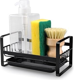 Kitchen Sink Caddy, Sink Tidy Organiser with Drip Tray, Stainless Steel Self Adhesive Sponge Holder, Compact Countertop Rack, Storage for Soap Brushes Accessories, Kitchen Organisation Black