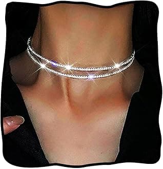 Rhinestone Choker Necklace Silver Diamond Row Necklaces Sparkly Crystal Prom Jewerly for Women