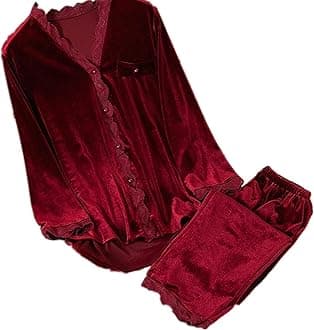 HUJINGLS Velvet Pajamas Women Autumn Winter Sleepwear Long Sleeve Casual Nightwear Pyjamas Suit Loose Home Clothes Lace Trim Sleep Set, L