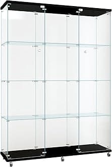 Curio Cabinets with Glass Doors Modern Glass Shelves Tempered Glass Display Cabinet with Lock Figure Display Case (4-Shelf 3-Door, Black)