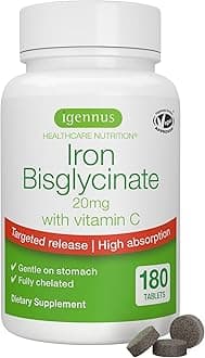Igennus Clean Iron Bisglycinate 20mg, Vitamin C, 6 Month Supply, Gentle Chelated High Absorption Formula & Targeted Release Ferrous Bisglycinate for Women and Men, One Daily, Vegan, 180 Tablets
