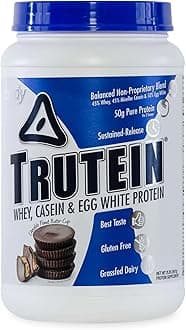 Trutein High Protein Powder: 45% Whey, 45% Casein, 10% Egg White, Gluten-Free, Low Sodium, Grass Fed Whey Protein Powder, Gym Supplement & Breakfast Shake, Chocolate Peanut Butter, 2lb