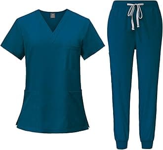 Scrubs for Women Set Casual Solid Medical Uniform Stretch V-Neck Scrub Top & Jogger Pant with Pockets