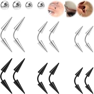 16G Spike Eyebrow Piercing Jewelry, Curved Barbell Eyebrow Tragus Lip Rings with Balls, Black Spike Earrings Rook Nose Bridge Ring for Women Men