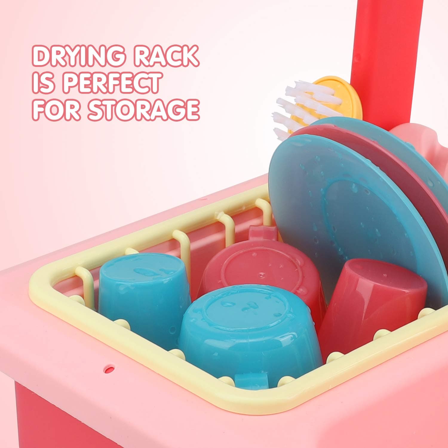 Kitchen Play Sink Toy with Color Changing Toy Dishes-Pink Food