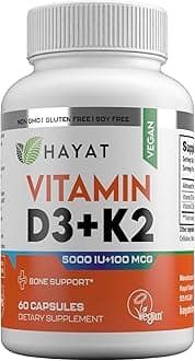 HAYAT Vitamins Vegan Vitamin D3+K2 (5000 IU + 100 MCG), Dietary Supplement for Bone, Teeth, Muscle and Immune Health Support, 2 Month Supply, Certified Halal, 60 Capsules, Made in The USA
