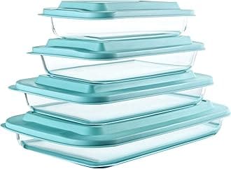 M MCIRCO 8-Piece Deep Glass Baking Dish Set with Plastic lids,Rectangular Glass Bakeware Set with Lids, Baking Pans for Lasagna, Leftovers, Cooking, Kitchen, Freezer-to-Oven and Dishwasher, Green
