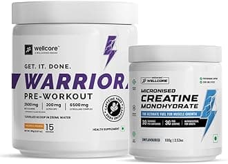 Wellcore Preworkout Supplements Powder | Valencia Orange For Men & Women (Combo, Warrior Pre-Workout + Creatine), 2 count, 15,33 servings