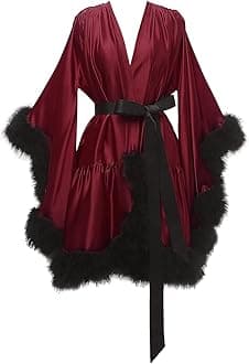 yinyyinhs Feather Robe for Women Silk Satin Bridal Dressing Gowns for Bride Short Fur Lingerie Nightgown Bathrobe Sleepwear Burgundy-Black S/M