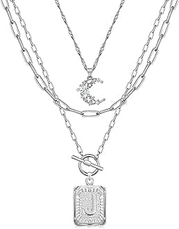 Layered Initial Necklaces for Women Trendy, 14K Gold Plated Brass Simple Moon Choker Square Letter Pendant Necklace, Paperclip Chain Necklaces Jewelry Gifts