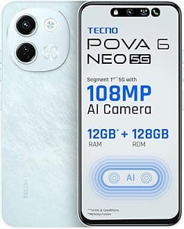 Tecno POVA 6 NEO 5G (Azure Sky, 6GB+128GB) | Advanced AI Features | 108MP Ultra Clear AI Camera | D6300 Powerful Processor | 5 Year Lag Free Fluency | 5000 mAh Battery | in Built Infrared and NFC