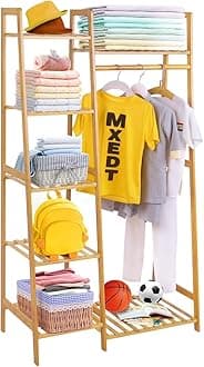 Bamboo Wood Garment Rack Clothing Rack with 5 Tiers Storage Shelf Corner Clothes Hanging Rack for Coat Jacket Trouser Shoe Coat Plant in Home Laundry Commercial Office (Ladder Design)