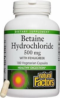 Natural Factors Betaine Hydrochloride, with Fenugreek Healthy Digestion, 180 Vegetarian Capsules (500 mg)