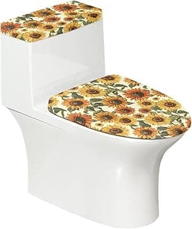 Cute Sunflower Toilet Lid Covers & Toilet Tank Lid Cover Elastic Edges Universal Fit Standard Oblong Elongated Toilet Home Decoration, Black