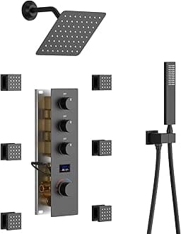 Matte Black Tempreature Display Shower System with 6 PCS Body Jet, 8 inch Wall Mount Shower Head and Handheld Spray