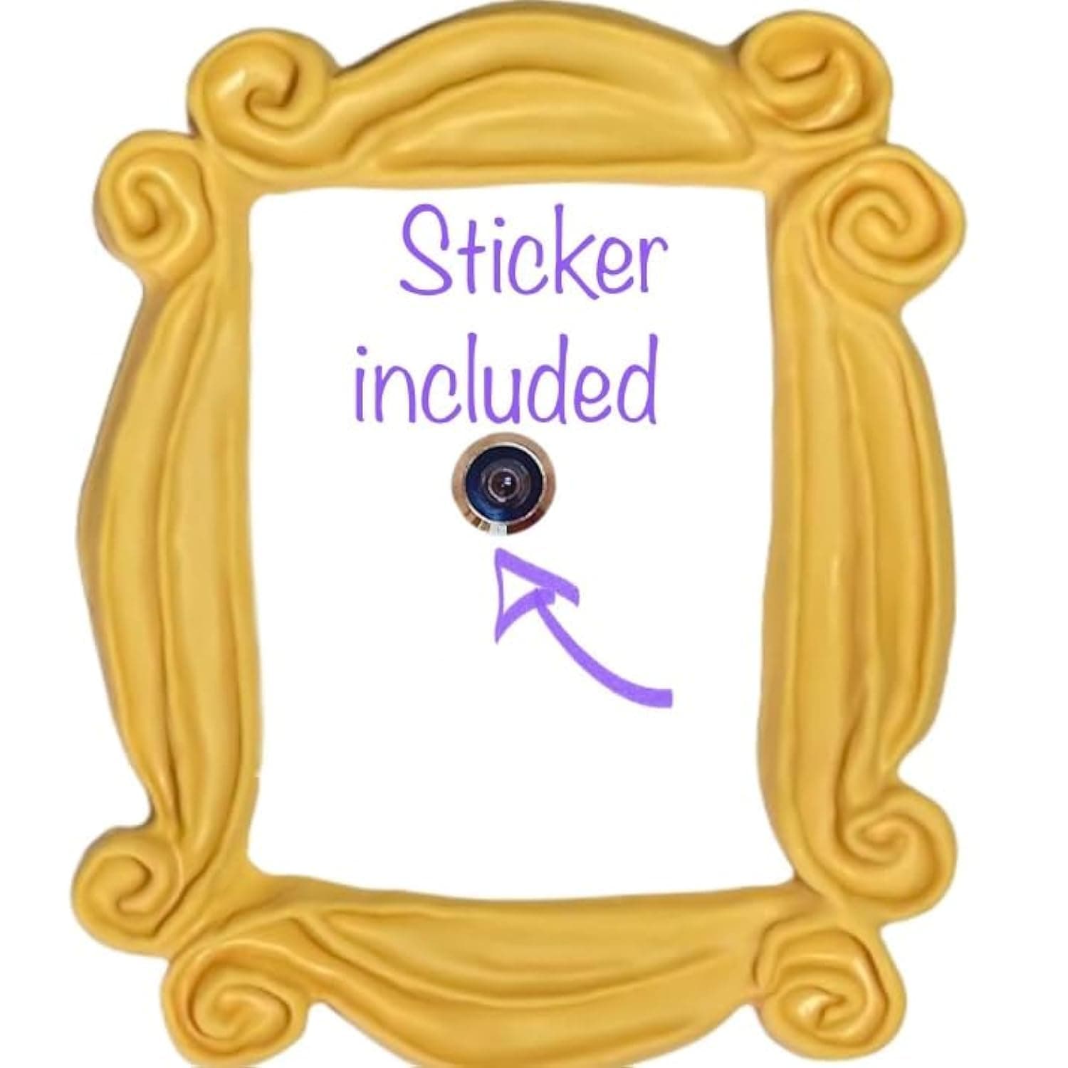 Yellow Frame. It Includes a PEEPHOLE STICKER, It has Also Two Side Tape in The Back. Ready to Hang. Replica of The Frame seen in Monica's Door. Friends Present.