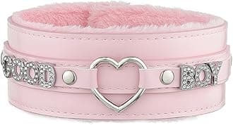 Pink Furry Heart O-ring Leather Choker Collar For Women, Handmade Punk Gothic Letter Necklace Adjustable Fashion Jewerly