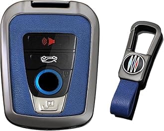 KUNIO PU Leather+Zinc Alloy 4 Button Smart Key Fob Cover Case Fit for BMW 2014-2019 I3 2014-2020 I8 Keyless Key Holder with Leather Keychain Car Accessory C Gun Blue