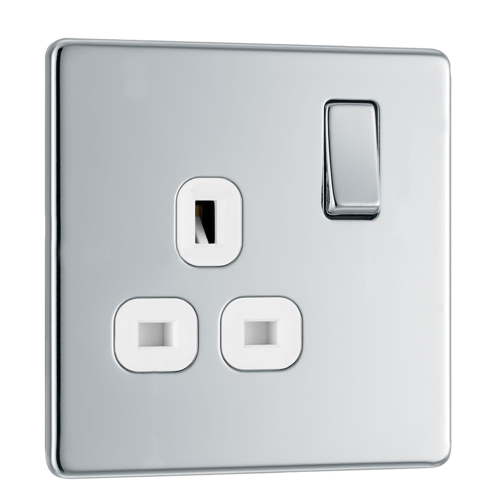 BG Electrical Single Switched Power Plug Wall Socket, Screwless Front Plate, Slim Profile, Premium Flatplate, Polished Chrome, White Inserts, 13A, FPC21W