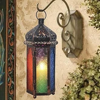 DECORKEY Candle Lantern Decorative, 14.5''H Moroccan Style Vintage Hanging Lantern with 6 Colors Glass, Metal Tabletop Lantern Decor, Indoor Outdoor Candle Holders for Christmas