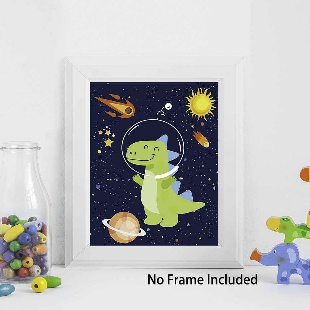 KASTWAVE Art Print Dinosaur Outer Space Poster, Solar System Planet Canvas Poster,Animal Astronaut Wall Art for Kid Room Decor Set of 4 (8x10 Inch,Unframed)