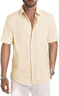 Men's Casual Stylish Short Sleeve Button-Up Striped Dress Shirt Cotton Beach Shirts