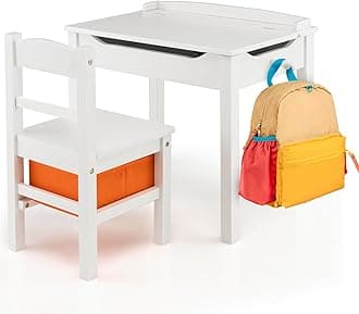 Costzon Kids Table and Chair Set, Flip Top Toddler Study Desk w/Chair for Playroom & Nursery, Wood Activity Table Set w/Storage Space, Safety Hinge, Pull-Out Drawer & Hook for Arts, Crafts (White)