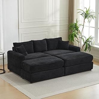 WILLIAMSPACE 82.68" Sectional Sofa Cloud Couch with 2 Ottomans for Living Room, Modern Upholstered 3 Seater Sofa Reading Chair Couch with 2 Pillows, Reclining Sofa Bed, Corduroy (Black)