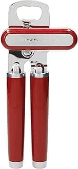 Classic Multifunction Can Opener and Bottle Opener Easy to Use, Razor Sharp Stainless Steel Cutting Wheel, Soft Ergonomic Handles, Empire Red